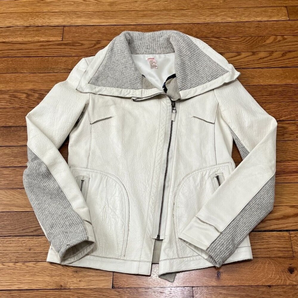 Free People Womens Genuine Leather Moto Jacket Sz 2 White W/ Gray Wool Knit Arms